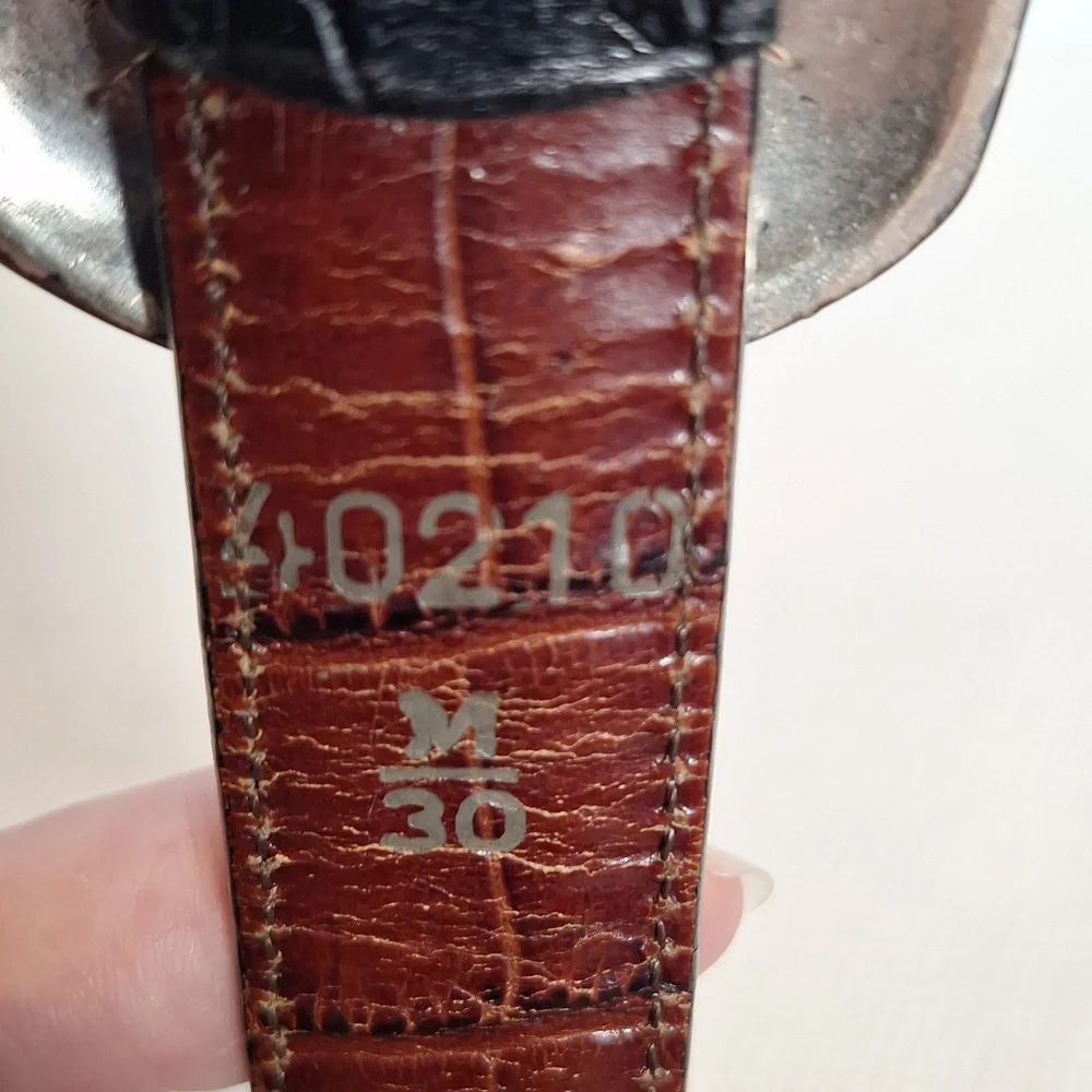 Elegant Black Leather Belt with Silver and Gold Buckle
